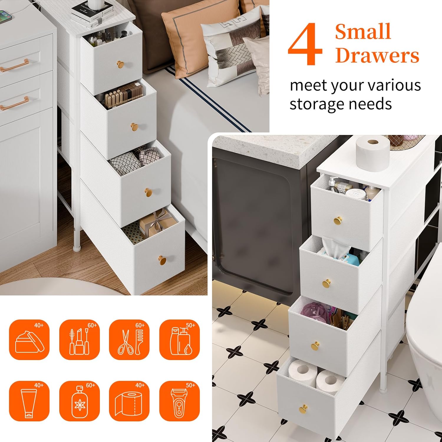 Narrow Storage Cabinet with 4 Drawers, Slim Fabric Dresser Tower for Small Spaces, White with Steel Frame and Wood Top M87984