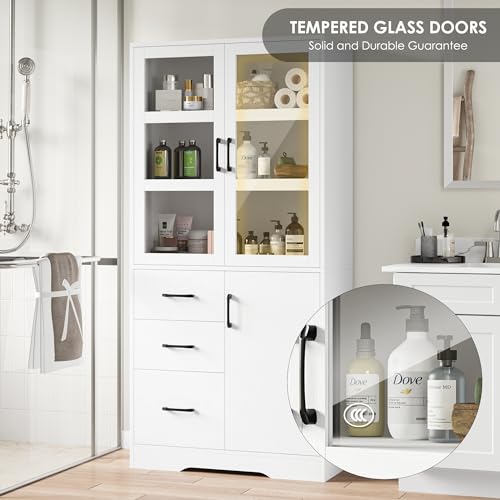 2 Pack Tall Bookshelves with Glass Doors and 3 Drawers, Black F273
