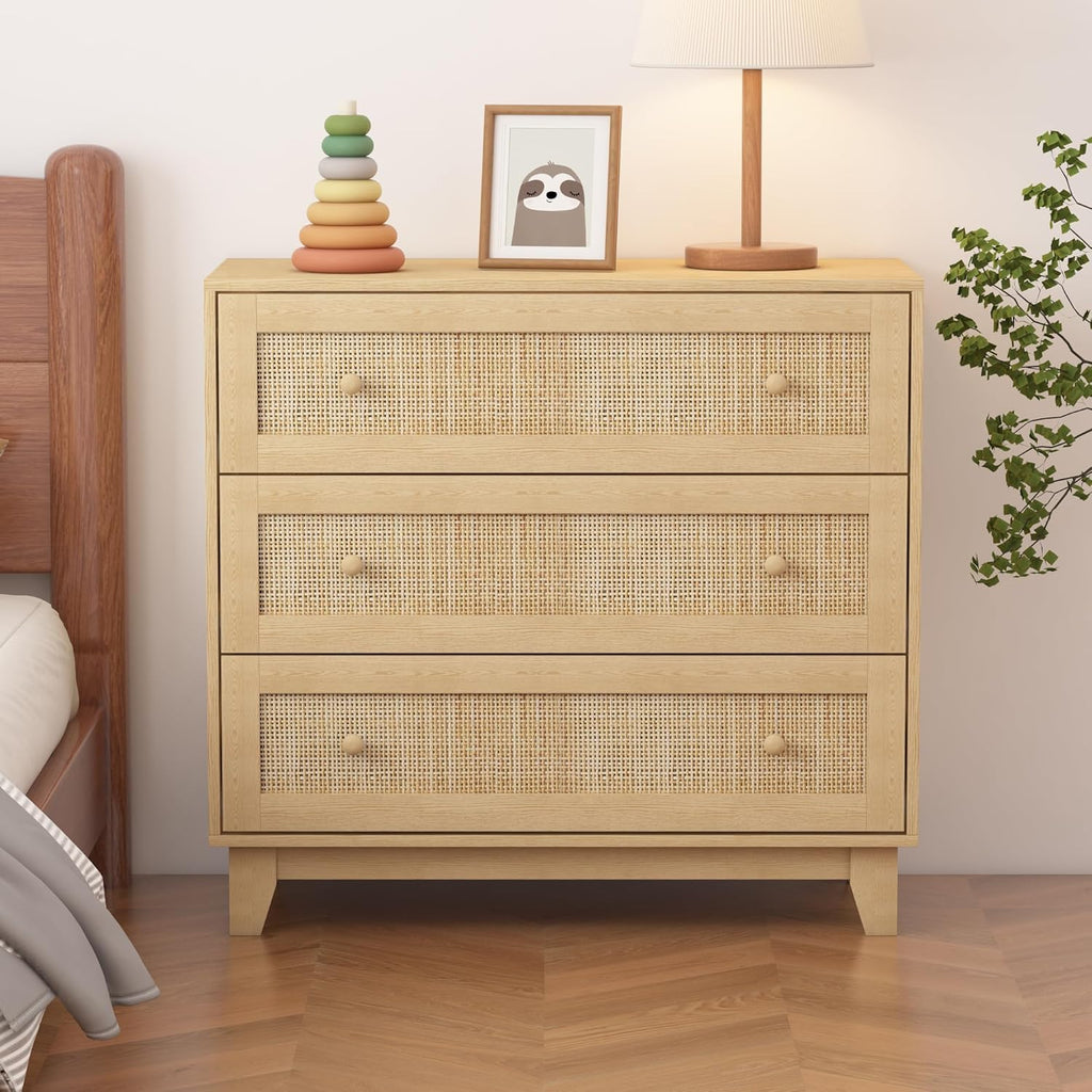 3 Drawer Dresser for Bedroom, Natural Rattan, Wood Storage Organizer S805155