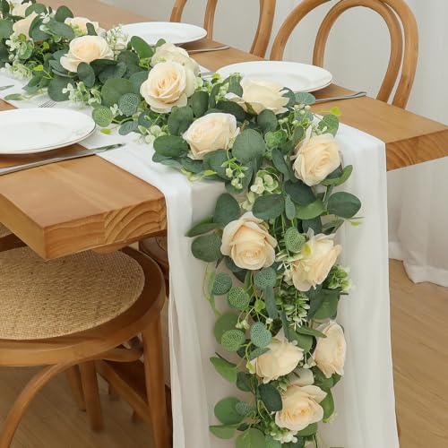 Artificial Eucalyptus Flower Garland with White Rose Faux Vine for Home Party Wedding Table Decor C618936