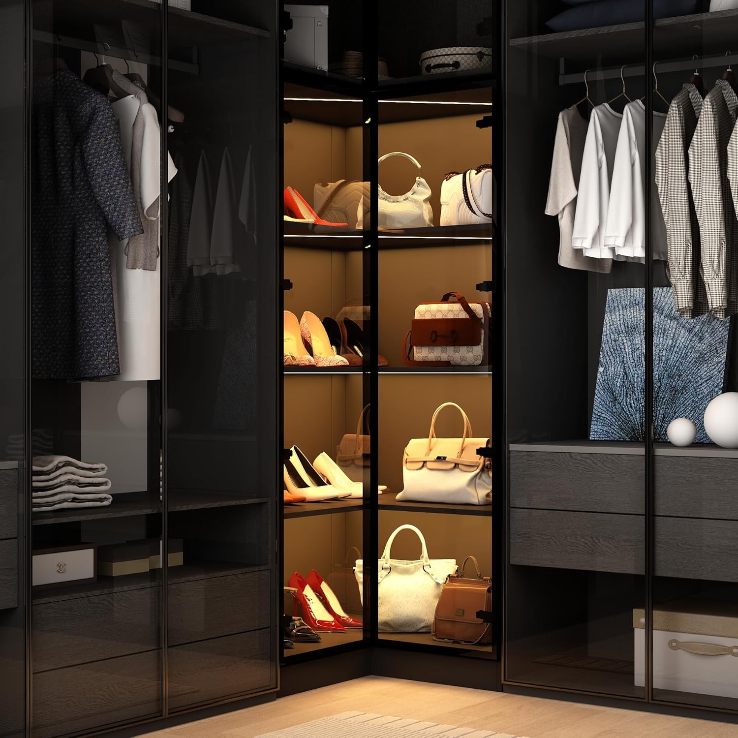 Corner Storage Cabinet with Glass Door and Light, 2 Doors and 4 Shelves, Black W407994
