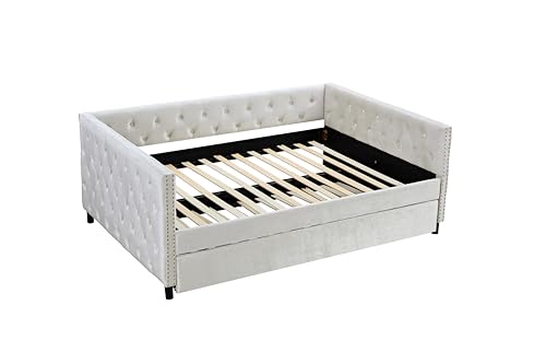 Velvet Upholstered Twin Daybed with Trundle, Beige Y9221