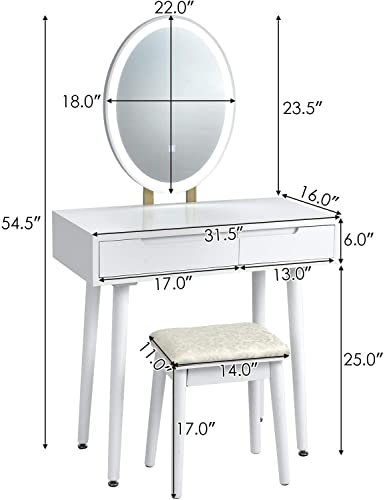 Vanity Table Set with 3-Color Lighted Mirror, Cushioned Stool & 2 Drawers W425038
