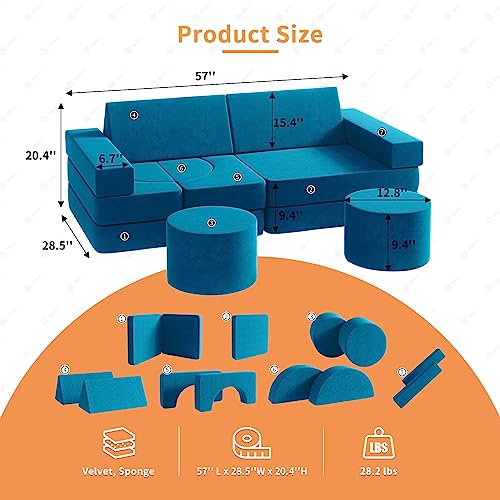 Modular Kids Play Couch with 2 Ottomans, Blueberry Z5281