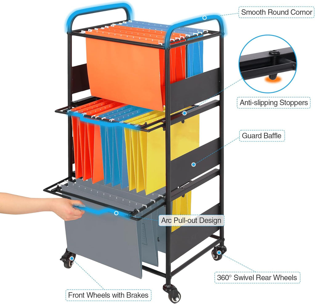 3-Tier Metal Rolling File Cart with Wheels and Pull-Out Drawer X16861