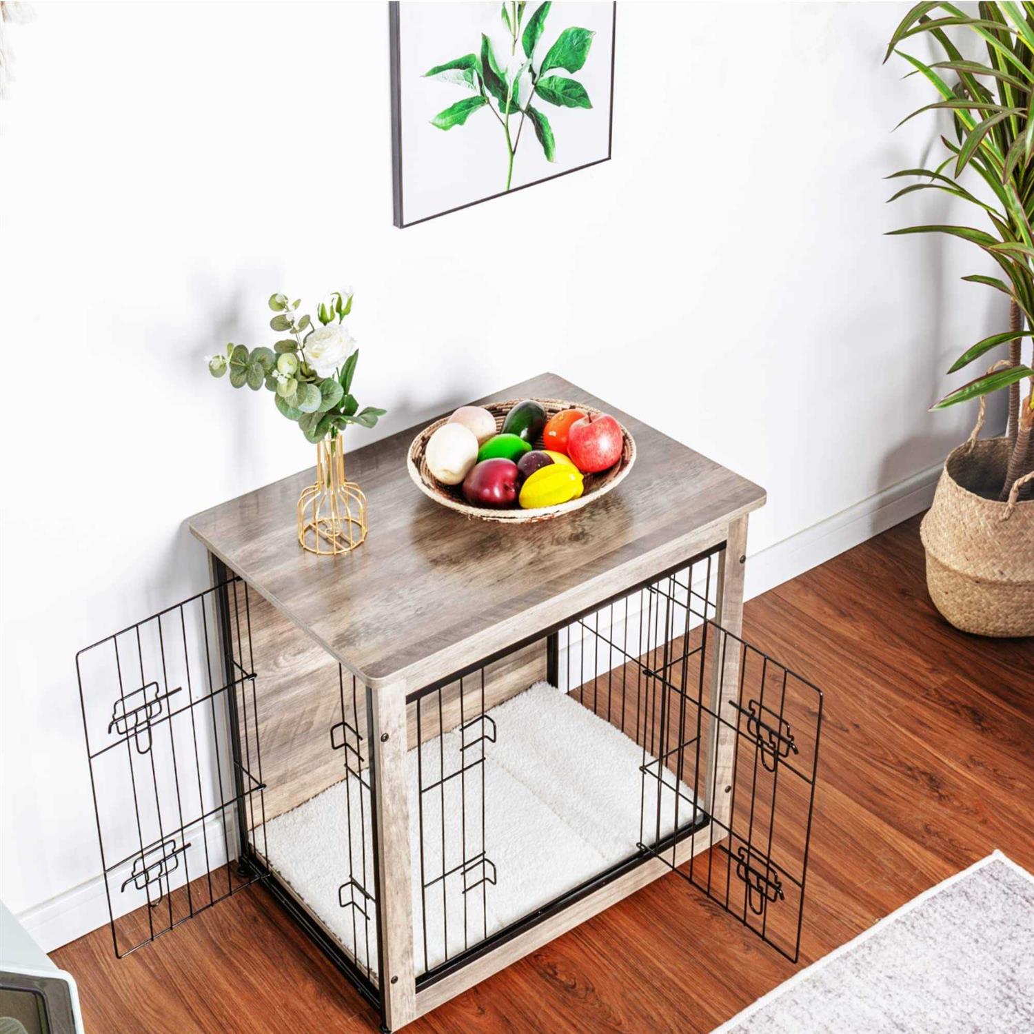 Wooden Dog Crate Furniture with Cushion and Double Doors E960