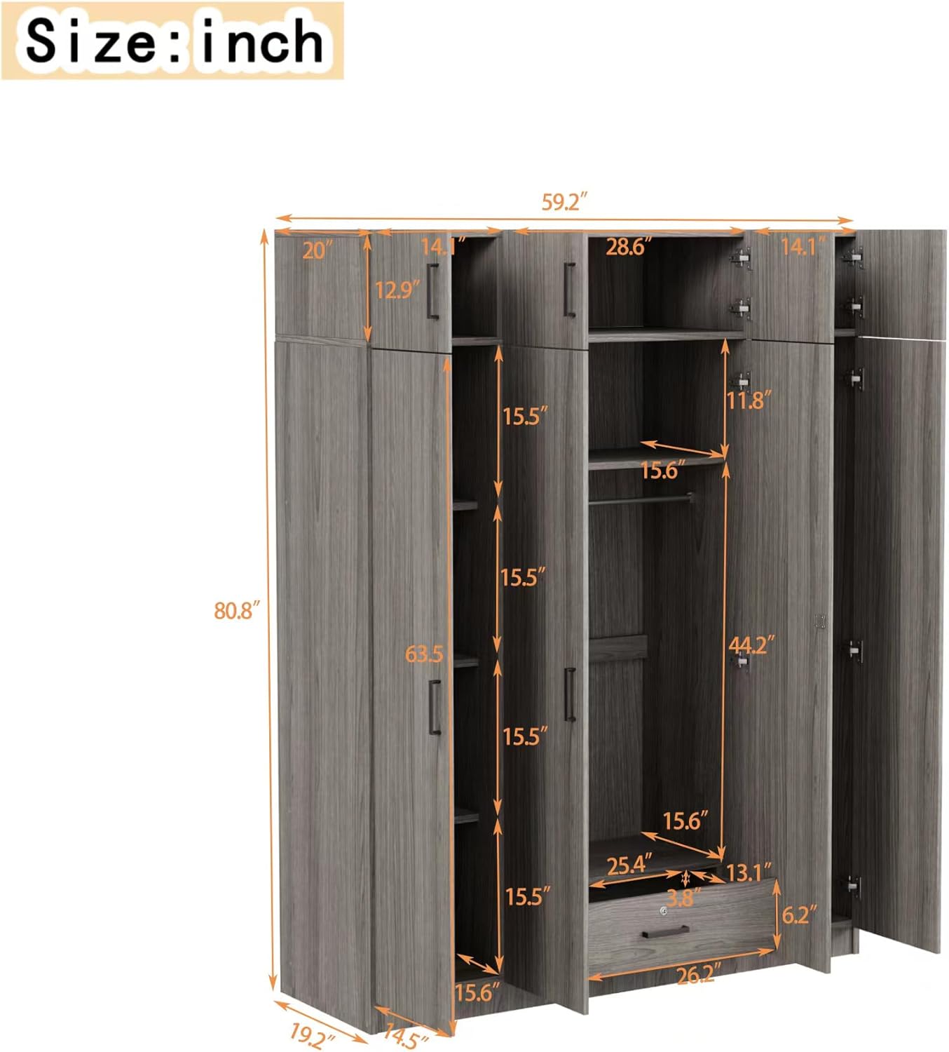 Wooden Armoire Wardrobe with Drawer and Shelves for Bedroom O750