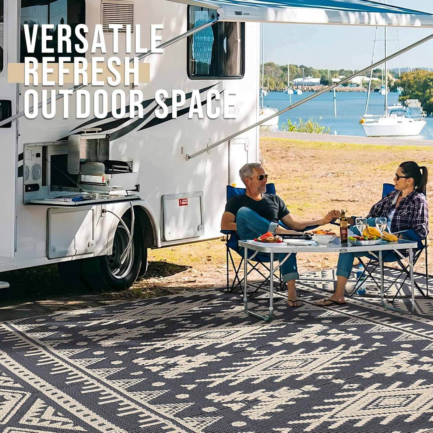 Outdoor Rug Waterproof 5x8 ft, Reversible Patio Carpet, Black & Beige N2568