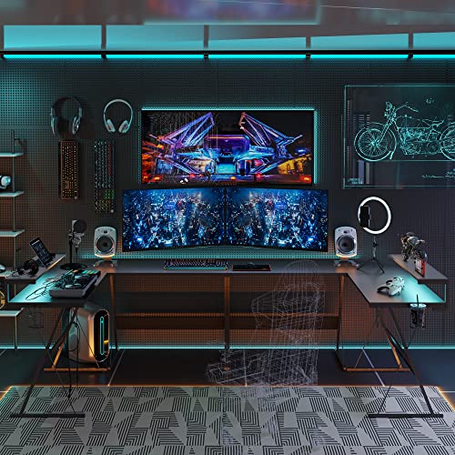 L Shaped Gaming Desk with LED, 55 Inch, Monitor Shelf and Cup Holder E979552