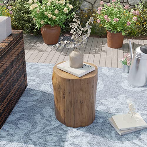 Rustic Stump Side Table, Light Grey Wood-Look Accent Stool D4547