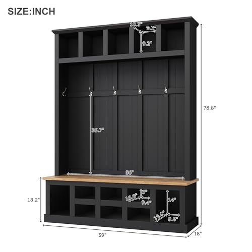 Wide Entryway Hall Tree with Storage Bench and 6 Hooks, Black J9244