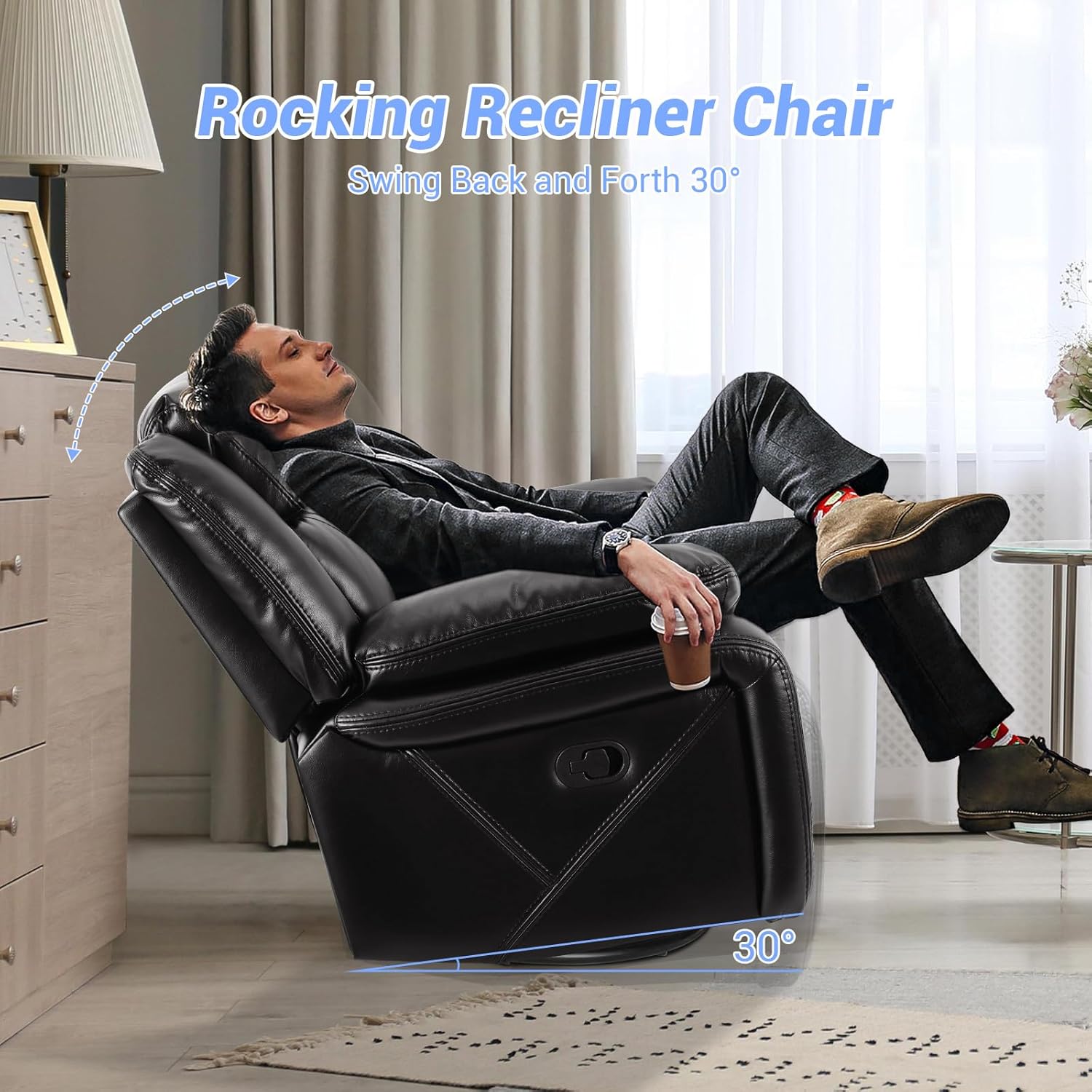 Swivel Rocker Recliner Chair, PU Leather Manual Reclining for Small Spaces C186429