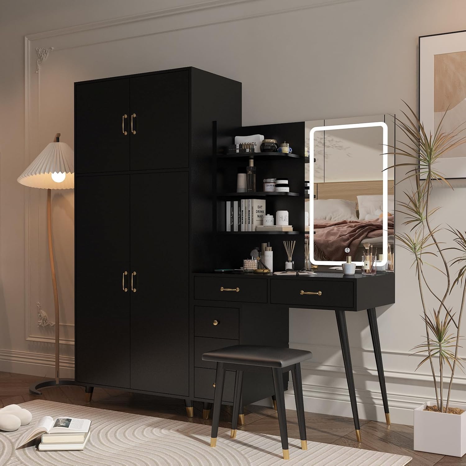 Vanity Desk with Mirror and Stool Set, Storage Cabinet N413234