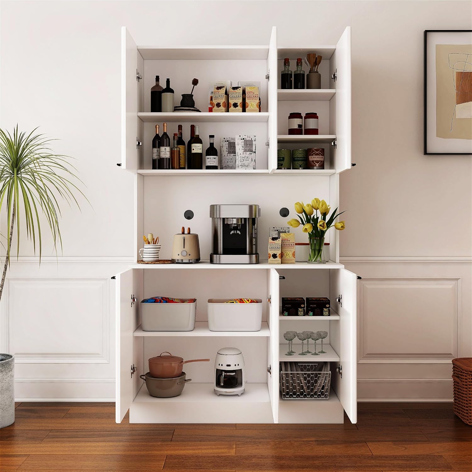 Tall Storage Cabinet with Shelves and Microwave Stand, White Z8529