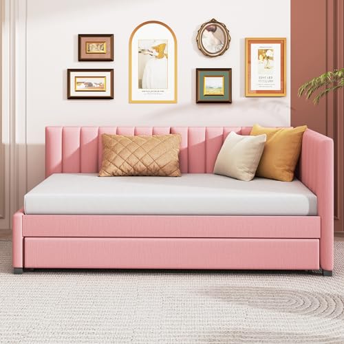 Upholstered Daybed with LED and Trundle, Teddy Fleece Sofa Bed for Kids, Bedroom, Dorm V2020