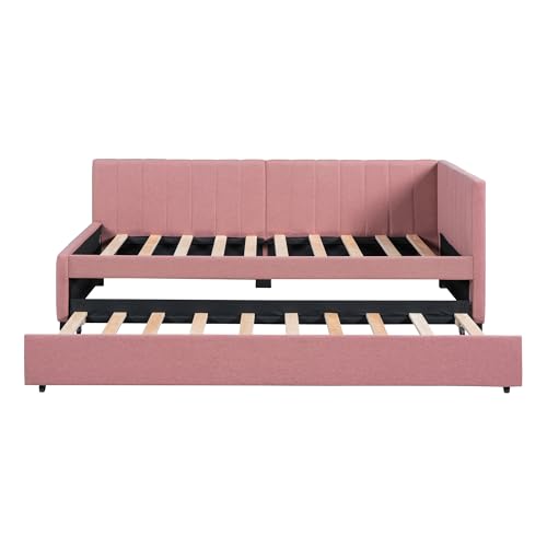 Upholstered Daybed with LED and Trundle, Teddy Fleece Sofa Bed for Kids, Bedroom, Dorm V2020