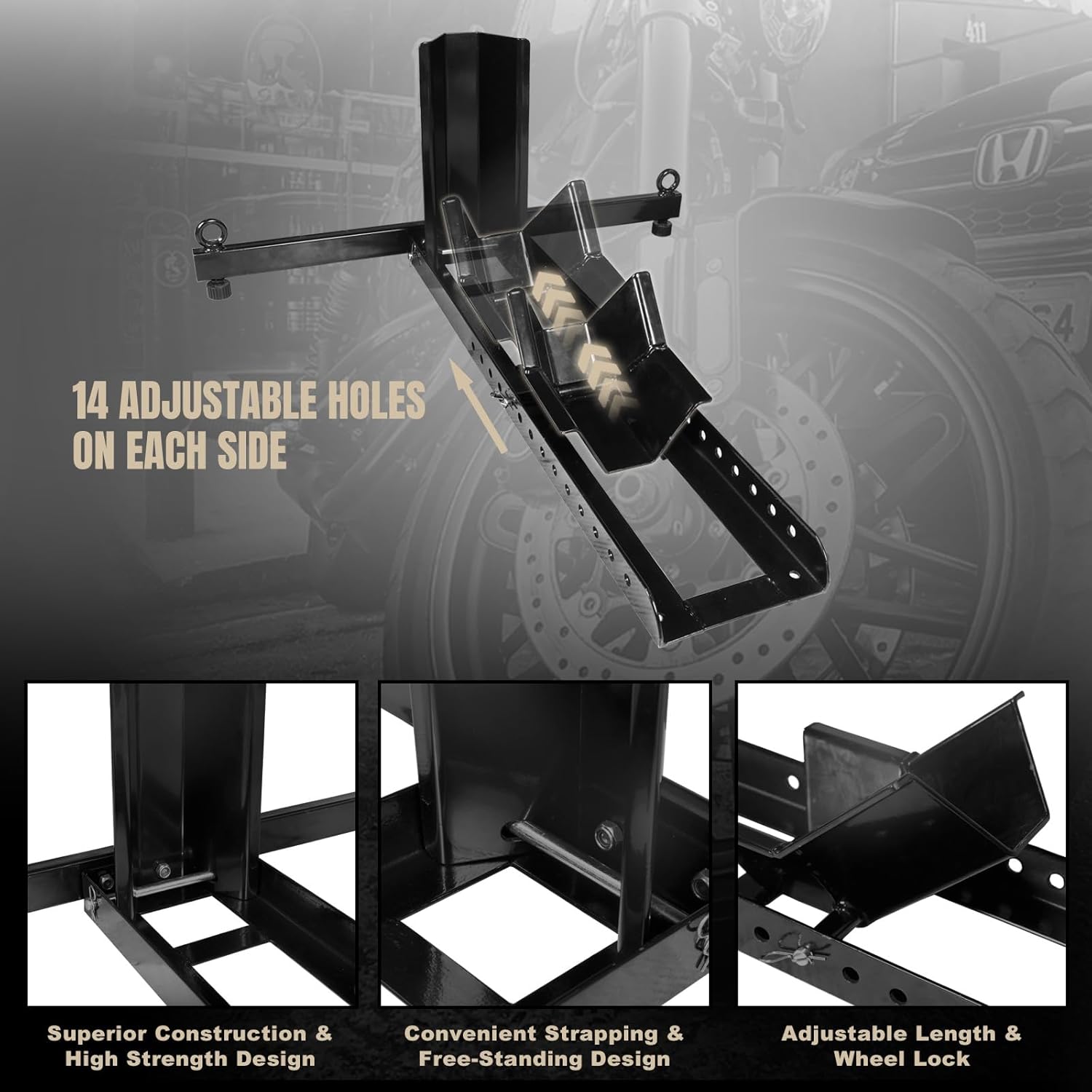 Motorcycle Trailer Wheel Chock, Adjustable Heavy-Duty Steel Stand for 16"-25" Tires I734