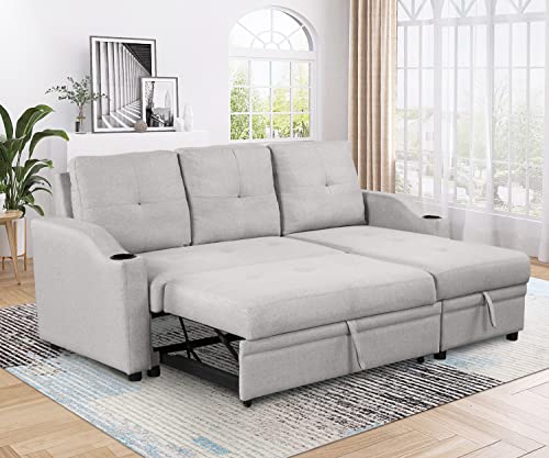 Pull Out Sofa Bed with Storage Chaise and Cup Holder U492
