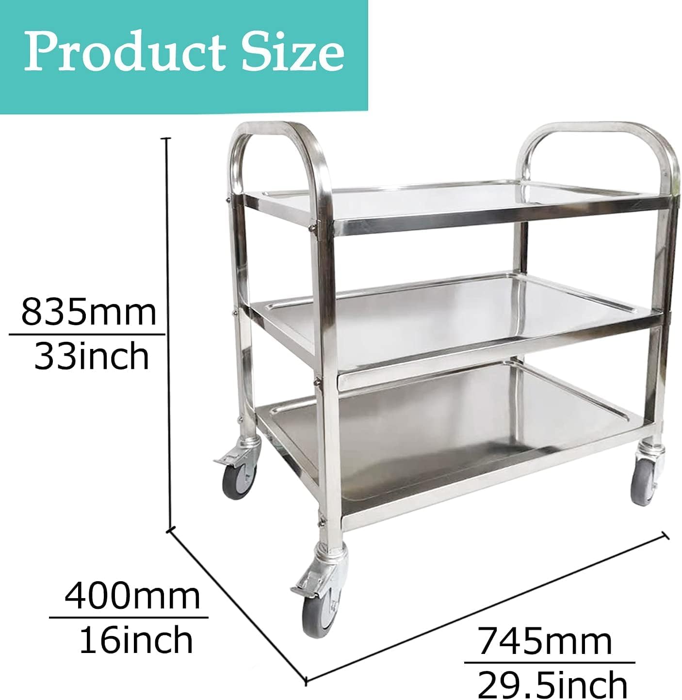 Stainless Steel 3-Tier Utility Cart with Locking Wheels H8460