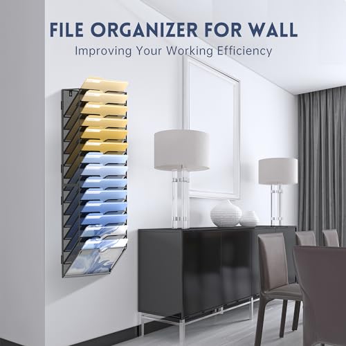 Wall File Organizer, 14 Tier Hanging Mail Organizer for Papers Folders, Wall Mounted, Black 2 Pack L441