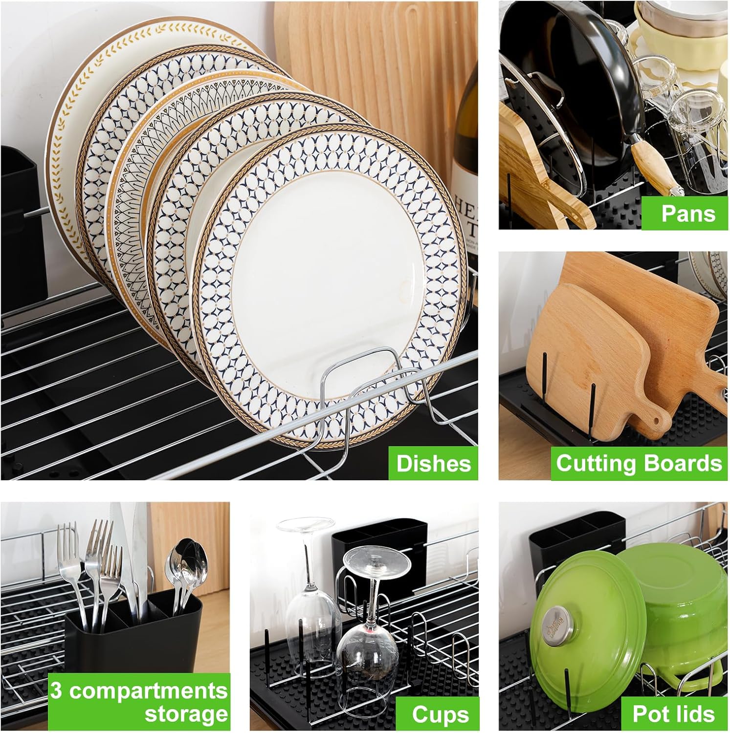 Large Dish Drying Rack, Expandable Stainless Steel with Utensil Holder & Drainboard Z2308