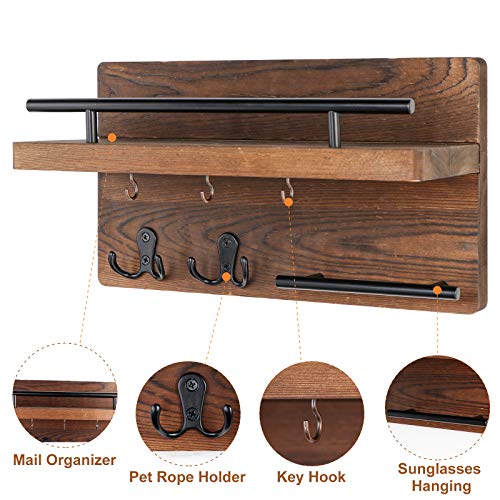 Wooden Mail Organizer Wall Mount with 5 Key Hooks U70452