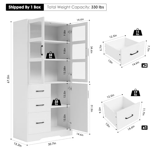 2 Pack Tall Bookshelves with Glass Doors and 3 Drawers, Black F273