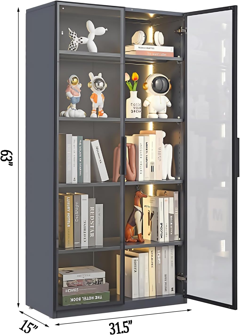Glass Display Cabinet with LED Lights and 4-Tier Shelves I51816