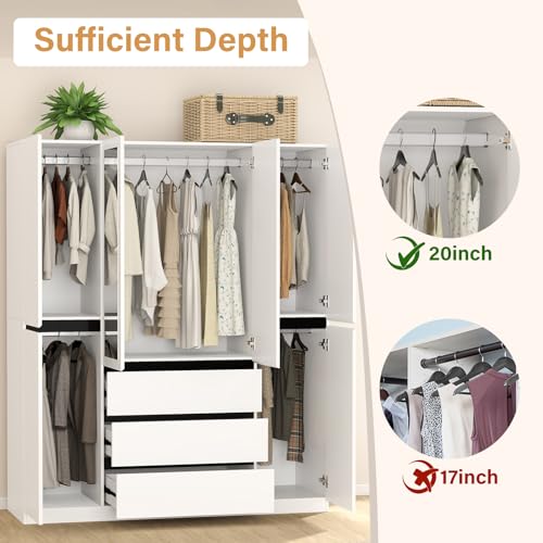 4 Door Wooden Wardrobe Closet with Mirror and Hanging Rod H38907
