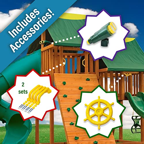 Cedar Wood Swing Set with Clubhouse, Rock Wall, and Spiral Slide V766