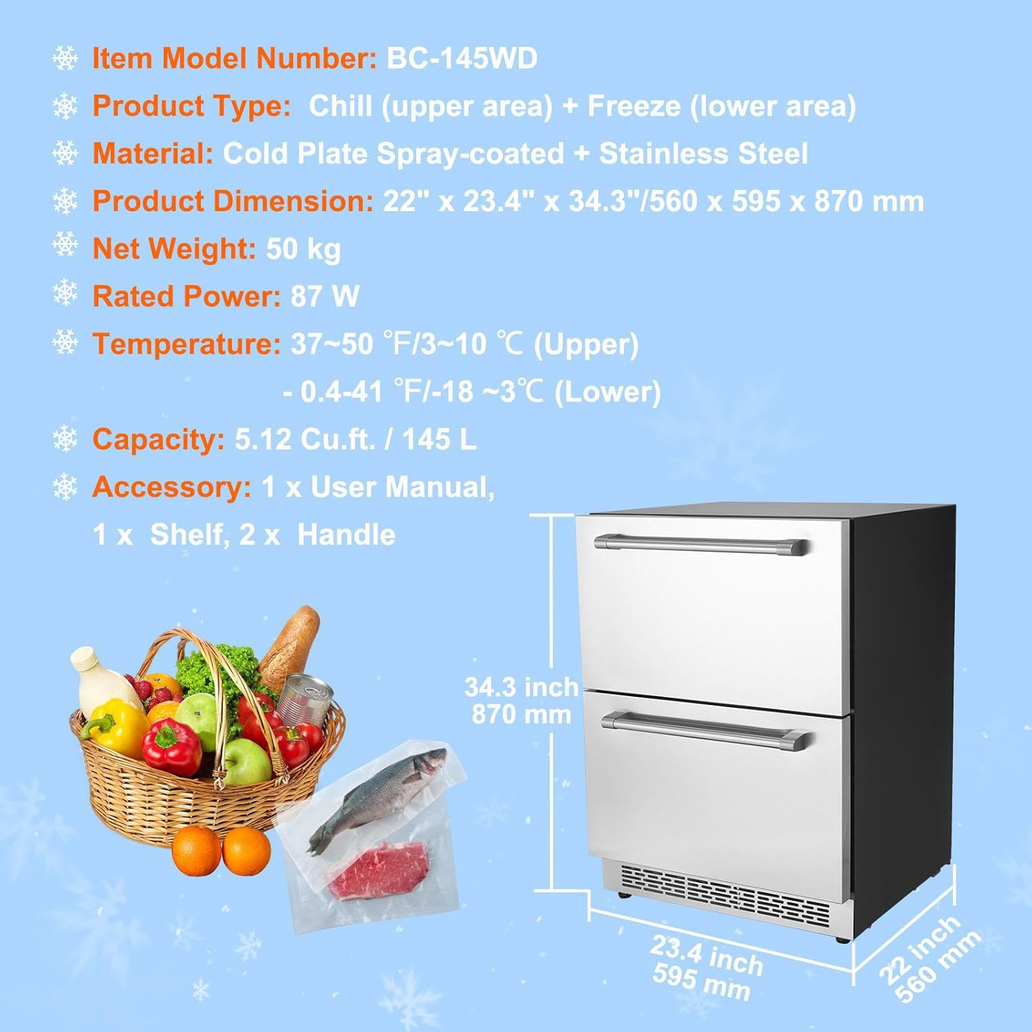 24 inch Undercounter Refrigerator, 2 Drawer, Dual Temperature, 4.87 Cu.ft. E1279