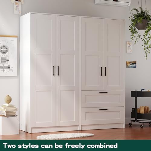 Wood Wardrobe Closet with 2 Doors and Drawers, Freestanding Armoire Storage Cabinet with Shelves P843