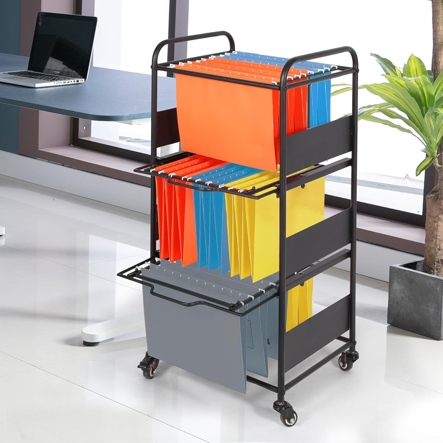 3-Tier Metal Rolling File Cart with Wheels and Pull-Out Drawer X16861