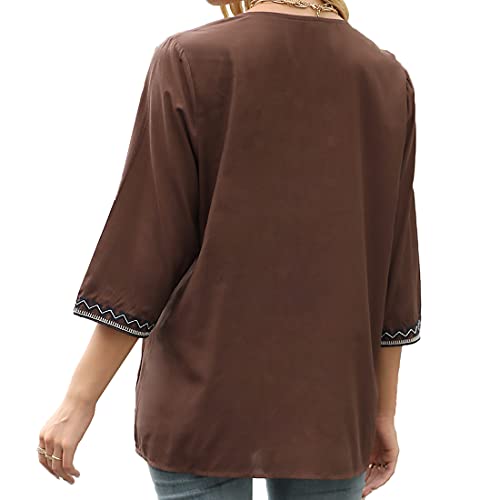 Women's Embroidered 3/4 Sleeve V Neck Peasant Tunic Blouse Q7436