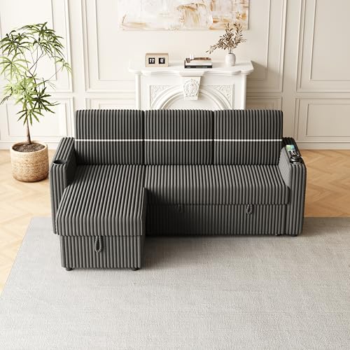 L-Shaped Sleeper Sectional Sofa Bed with Storage Chaise, Corduroy, Brown R16933