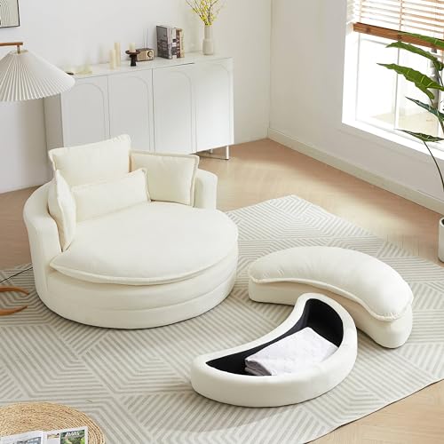 Modern Accent Barrel Sofa Chair with Storage Ottoman and Pillows W4655