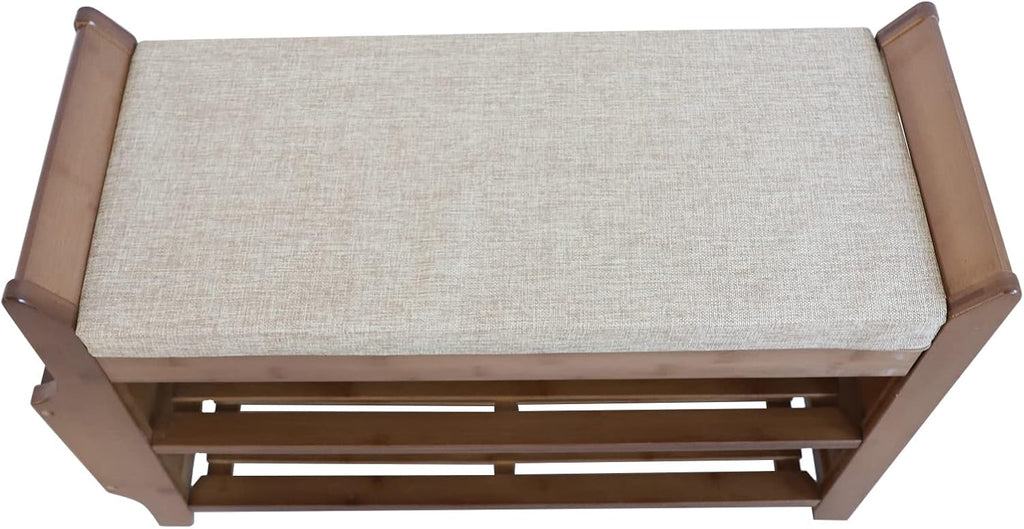 Bamboo Shoe Bench with Seat Cushion and Storage Shelf Y318