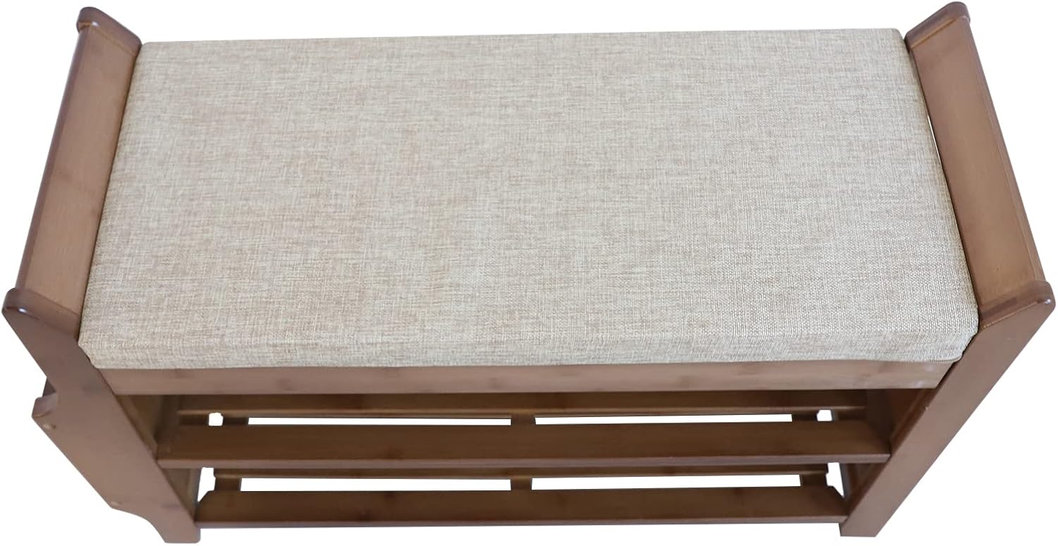 Bamboo Shoe Bench with Seat Cushion and Storage Shelf Y318