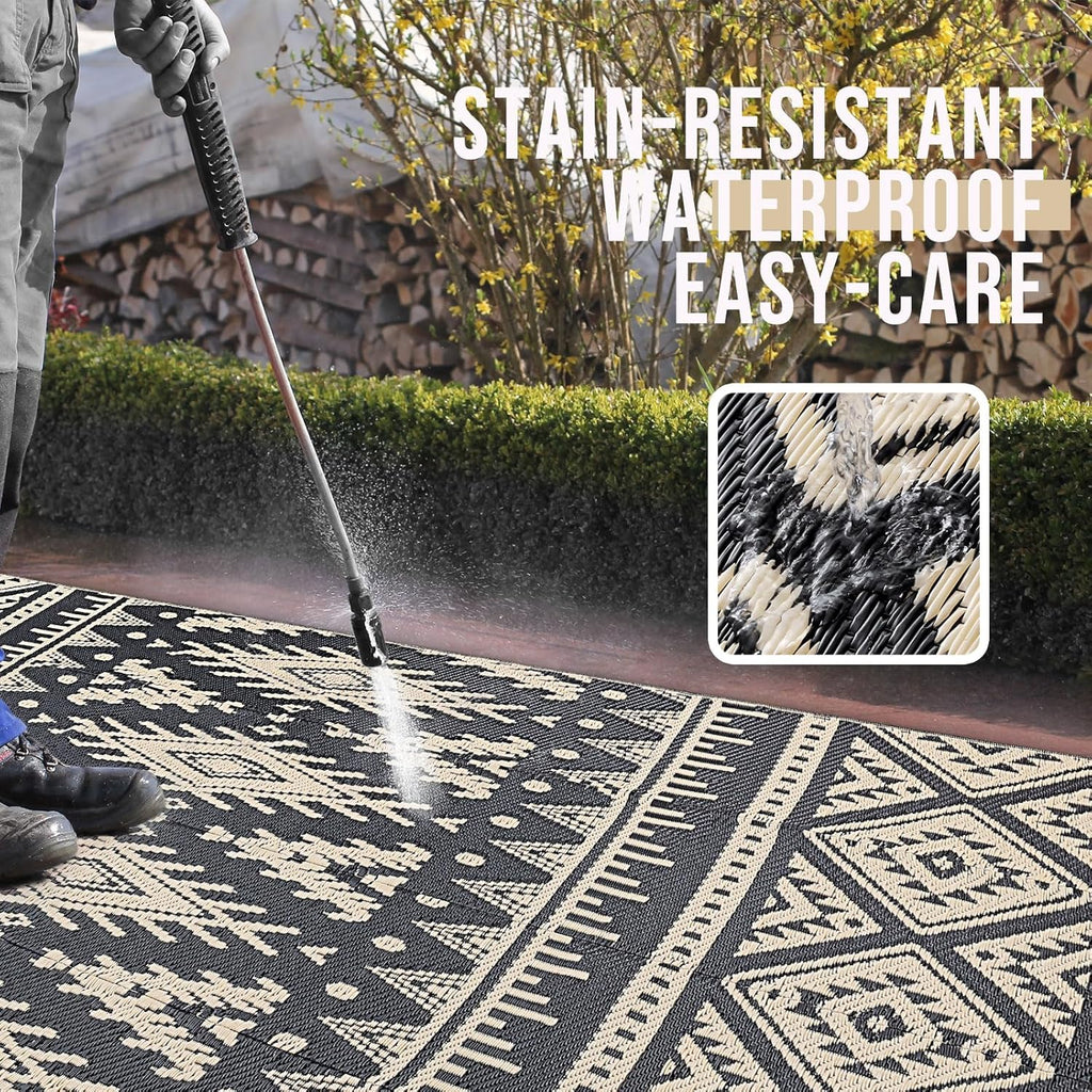 Outdoor Rug Waterproof 5x8 ft, Reversible Patio Carpet, Black & Beige N2568