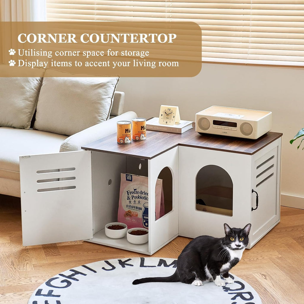 Corner Litter Box Enclosure for Two Cats, Hidden Cabinet with Double Room, White Q645