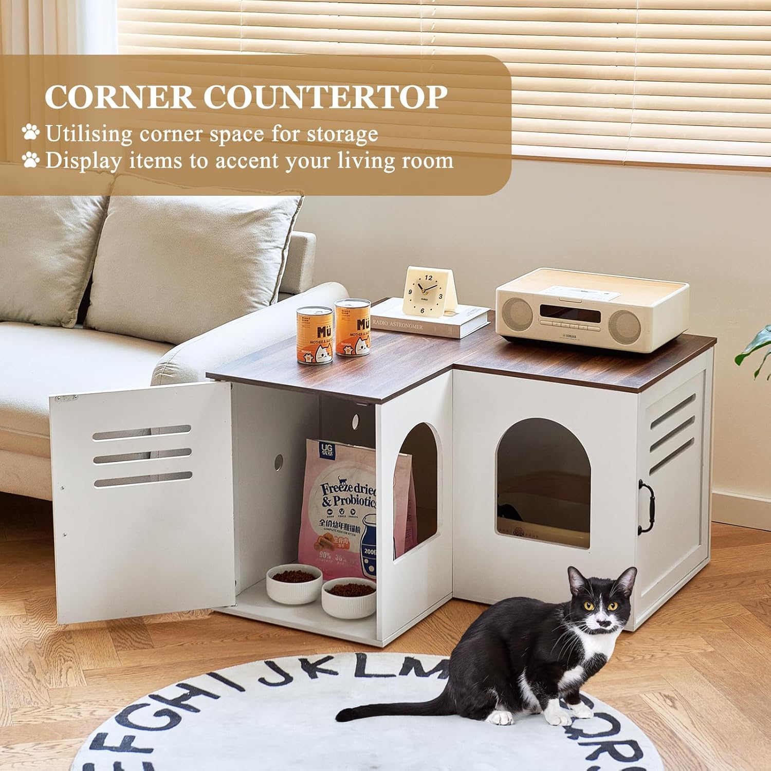 Corner Litter Box Enclosure for Two Cats, Hidden Cabinet with Double Room, White Q645