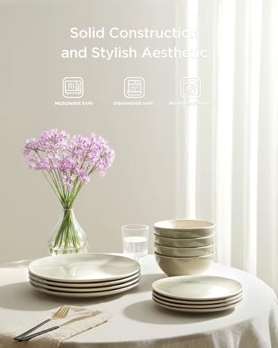12-Piece Dinnerware Set for 4, Stoneware Plates and Bowls, Microwave and Dishwasher Safe C3998