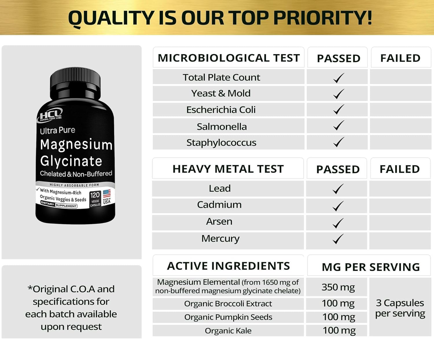 Magnesium Glycinate Capsules 350mg, Chelated High Absorption K210209