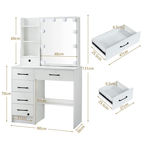 White Vanity Desk with Makeup Mirror and 10 Lights, 6 Drawers, Storage Shelves, Stool T1165
