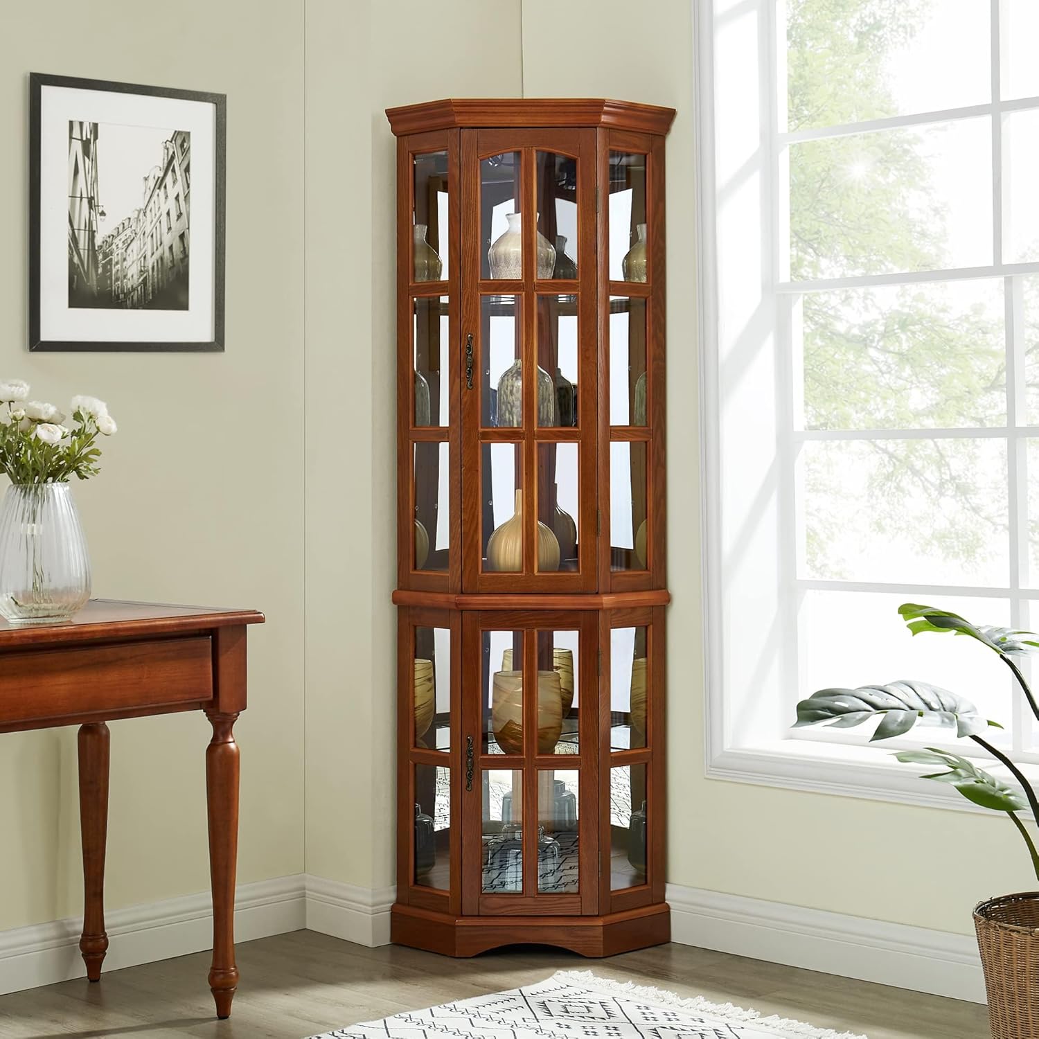 Curio Cabinets With Glass Doors, Corner Curio Cabinet with 5 Shelves and Lighting System, Display Cabinet with Glass Doors for Living Room, Home, Office, Study Room-Oak (light bulb not included)