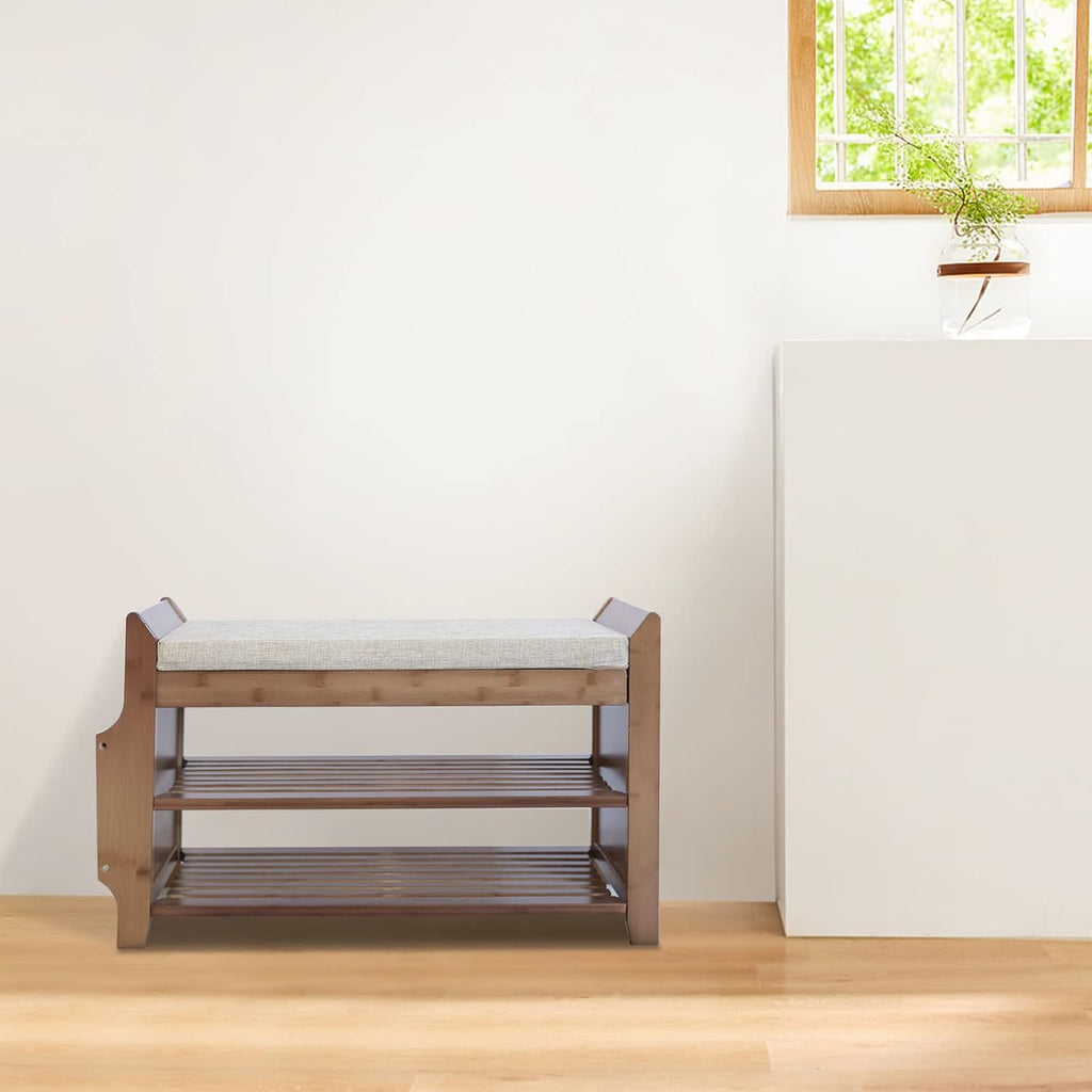 Bamboo Shoe Bench with Seat Cushion and Storage Shelf Y318