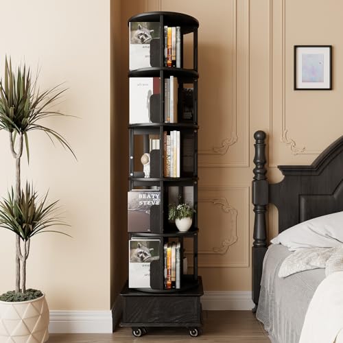 Solid Wood Rotating Book Shelf, 360° Display Bookcase with Drawer, 5-Tier Mobile Bookshelf with Wheels, 79" Tall X15733