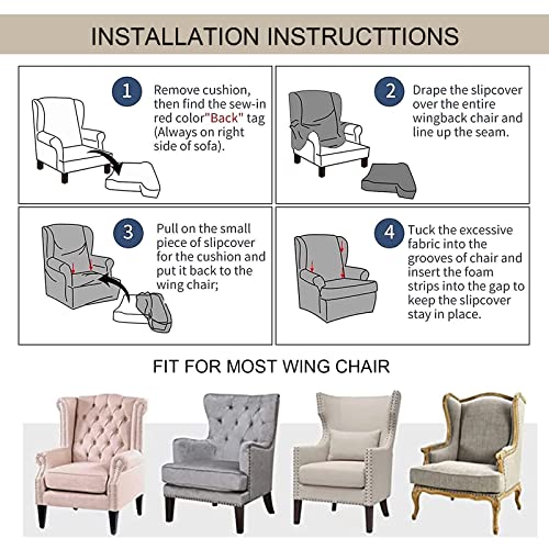 Wingback Chair Slipcover 2 Piece Washable Jacquard Furniture Protector with Elastic Bottom V153