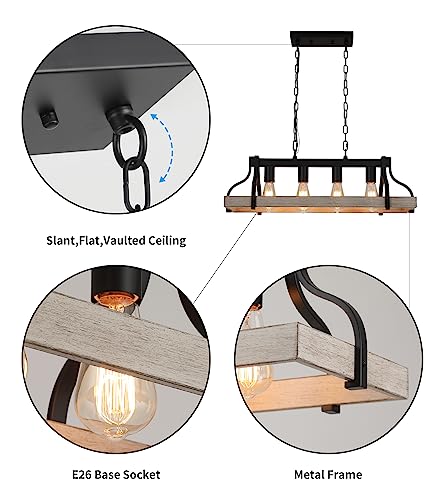 Farmhouse Linear Chandelier Black Wood Finish 4-Light Hanging Pendant P181031