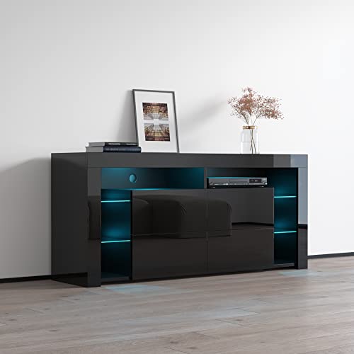 TV Stand for TVs up to 70", Modern High Gloss Entertainment Center with Storage and LED Lights U818
